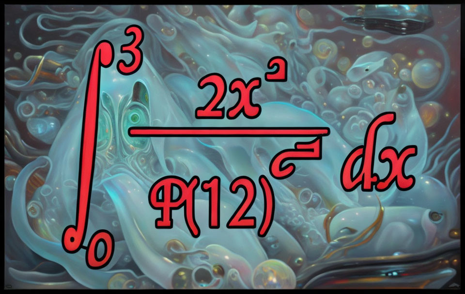 Colorful surreal artwork with integral calculus equation overlay.