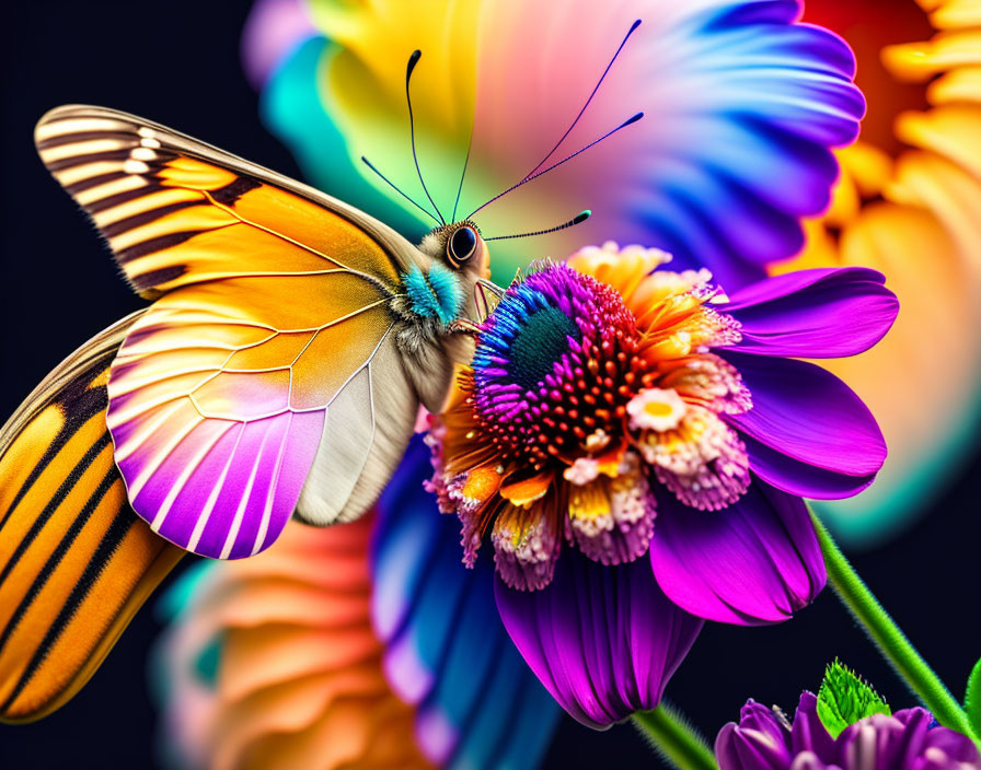 Colorful butterfly on vibrant flower with dark background