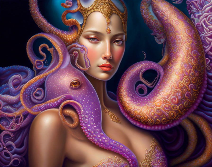 Surreal portrait of woman with octopus tentacles and golden crown