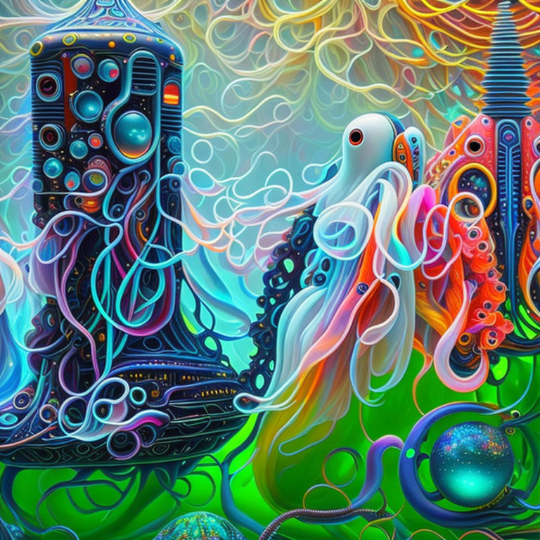 Colorful Abstract Art: Psychedelic Tentacles & Patterns in Dreamlike Underwater Scene