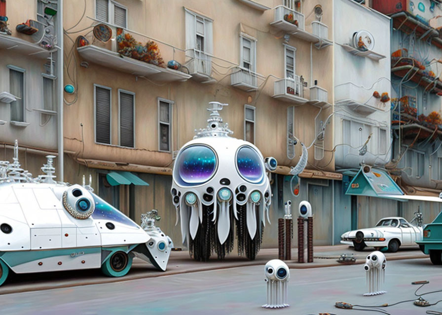 Whimsical futuristic street scene with robots and octopus-like vehicles