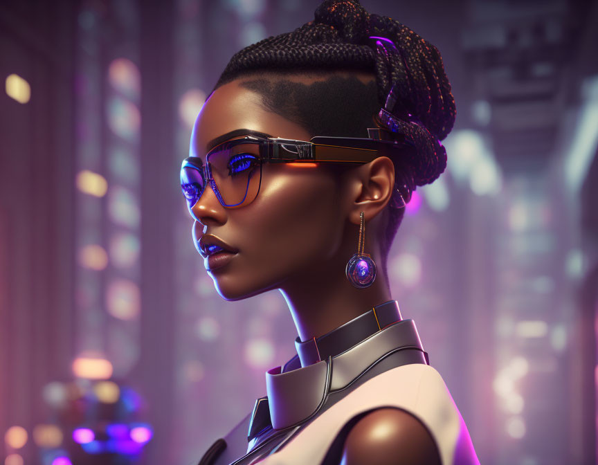 Futuristic digital artwork: Stylish woman with glasses, intricate braid, modern accessories, neon