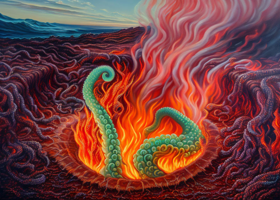 Colorful painting of mythical green tentacled creature in fiery lava landscape