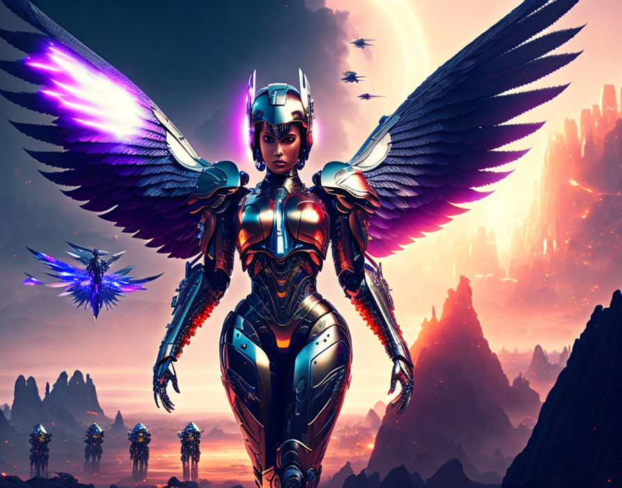 Futuristic female warrior in metallic armor with vibrant wings in sci-fi landscape