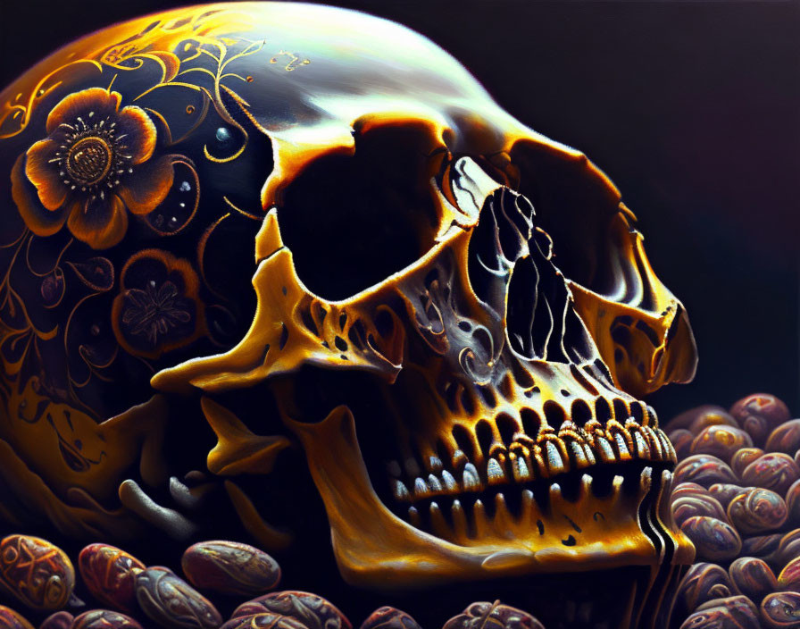 Intricately decorated skull with floral motifs on dark background