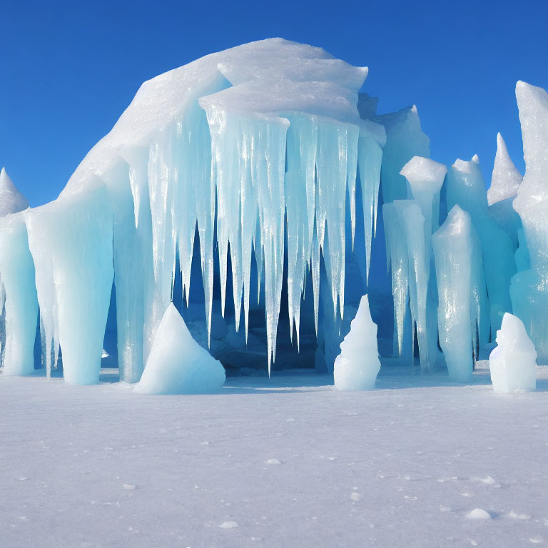 Vivid Blue Ice Formation with Sharp Icicles in Snowy Landscape