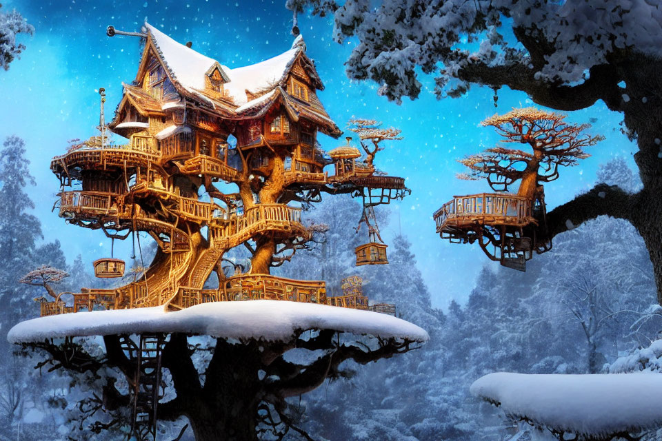 Snow-covered wintry forest treehouse with bridges