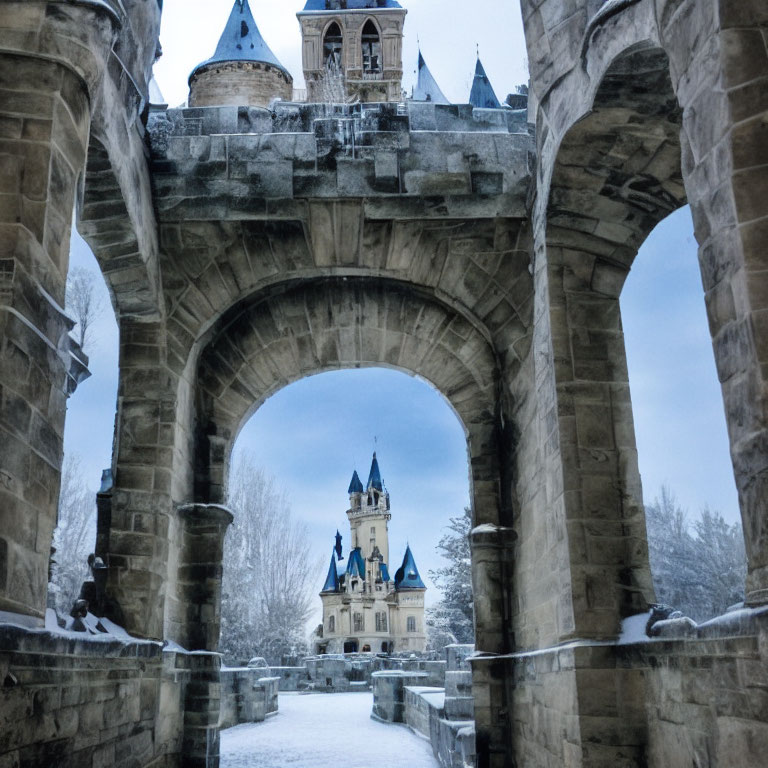 Snowy Fairytale Castle Framed by Stone Archway