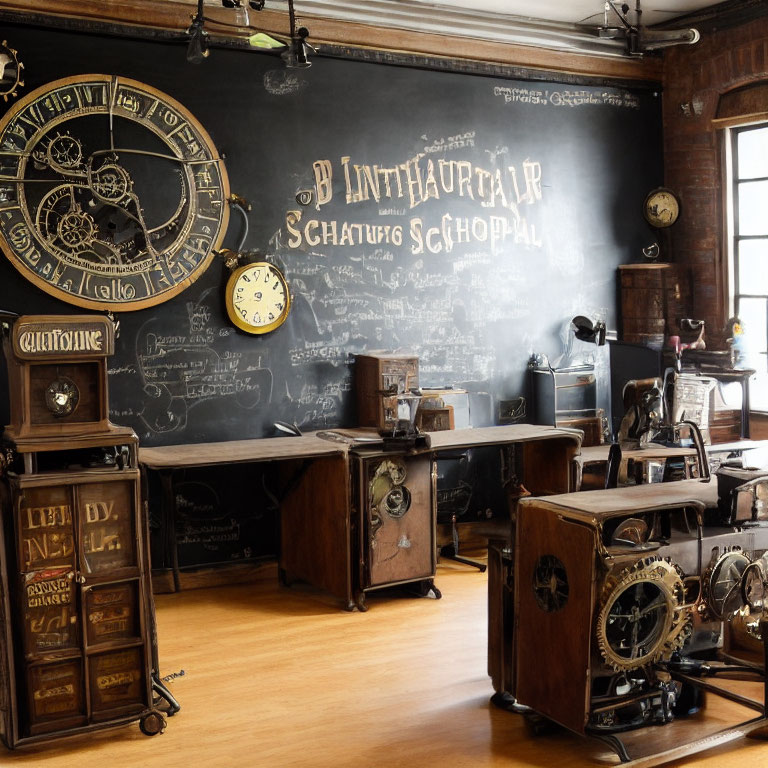 Vintage Room with Desks, Typewriters, and Intricate Chalkboard Designs