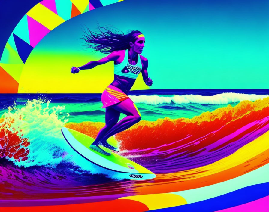 Colorful Illustration of Woman Surfing on Wave with Geometric Background