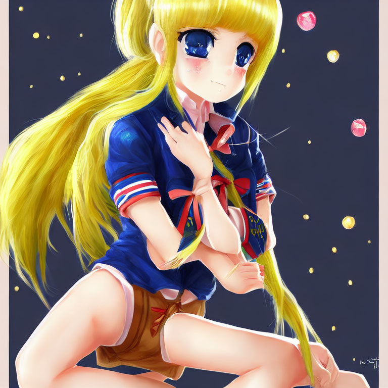 Blonde Girl Anime Illustration in Blue School Uniform