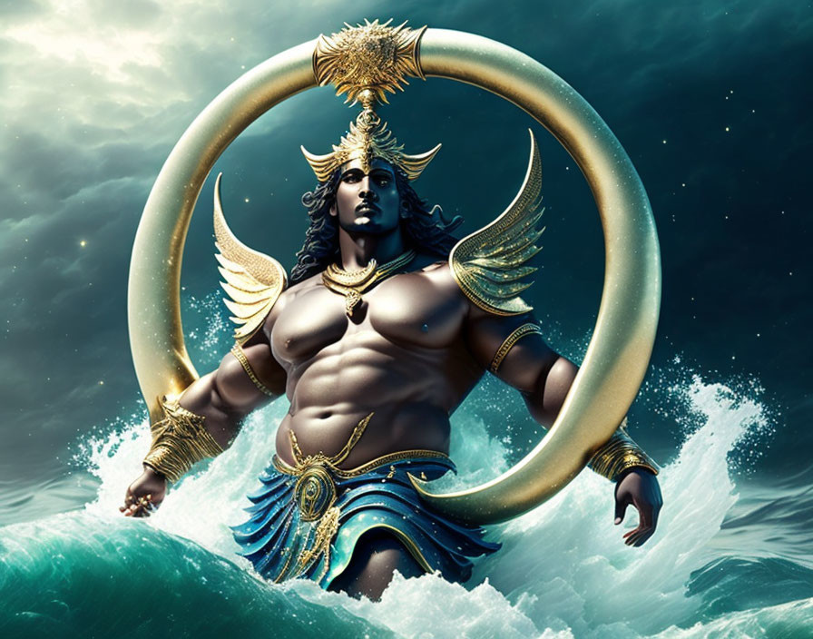 Mythological figure with four arms in ocean waves