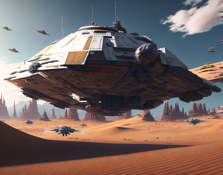 Gigantic spaceship above desert with flying crafts and spires