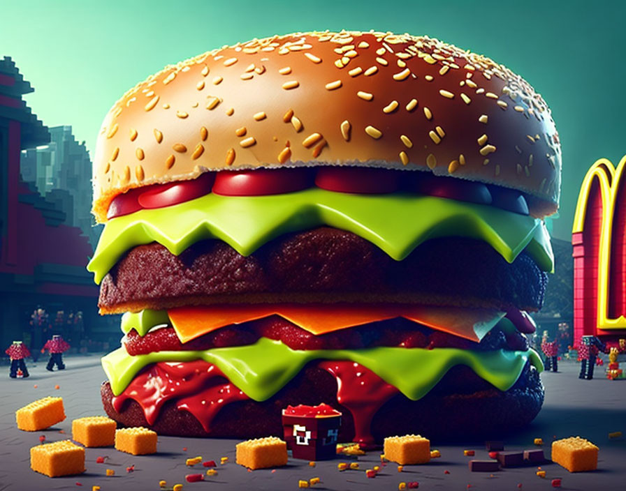 Exaggerated burger illustration with pixelated game background