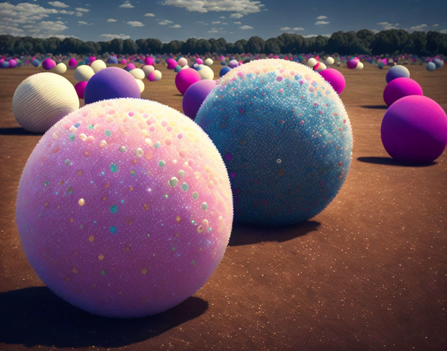 Vibrant textured spheres resembling coronavirus models in field under cloudy sky