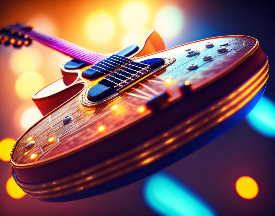 Detailed Close-up of Glowing Electric Guitar Strings on Vibrant Bokeh Background