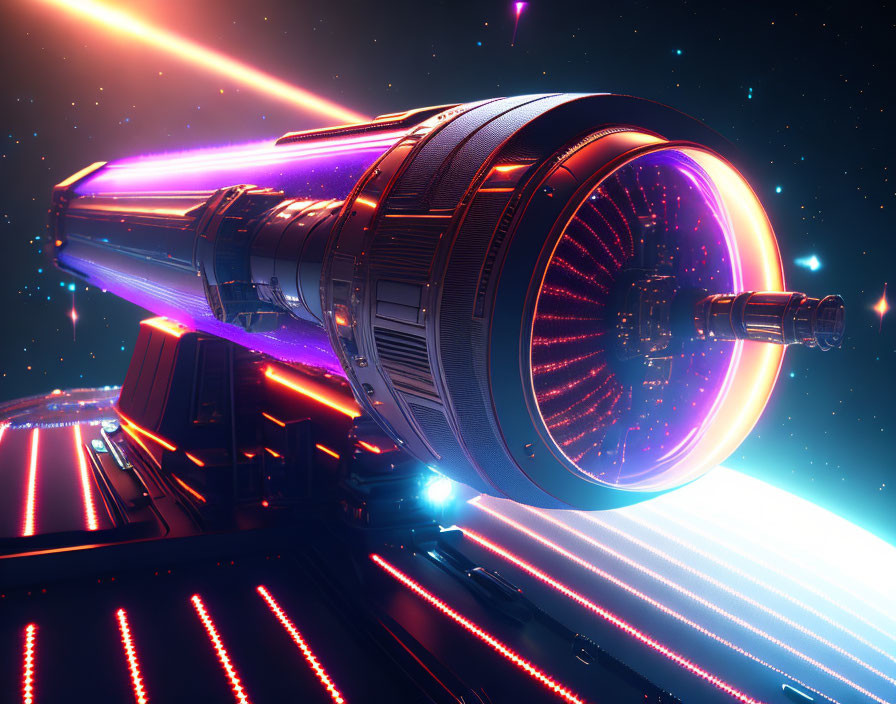 Fast-moving spaceship with vibrant light trails in space