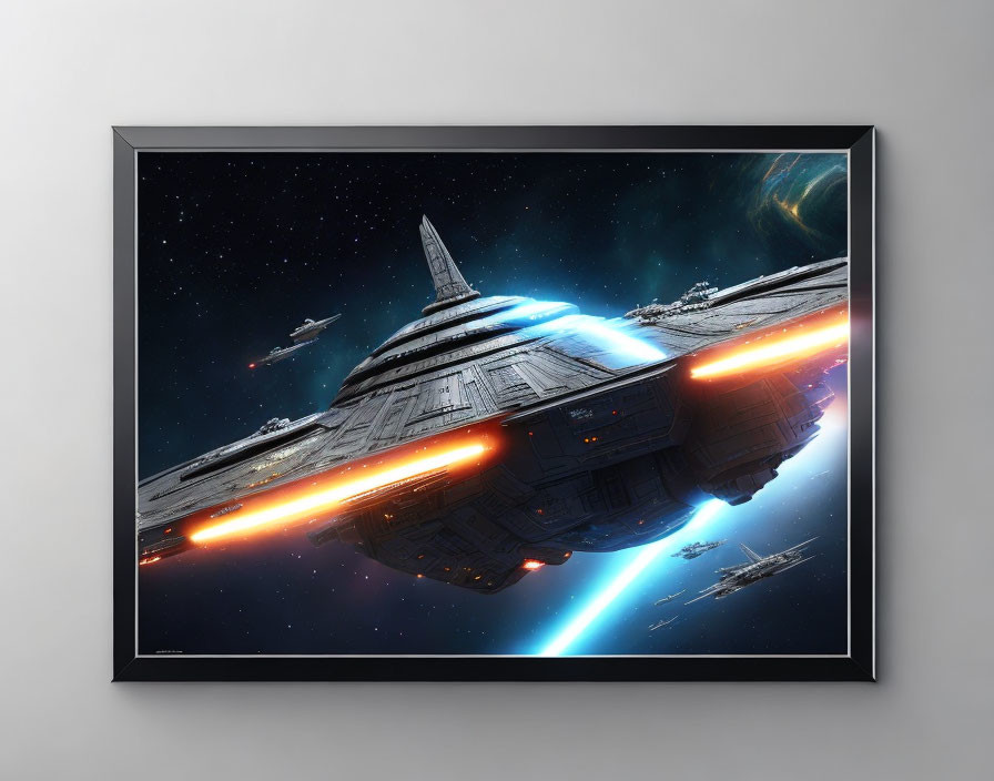 Dynamic Space Battle Scene with Starships in Vibrant Cosmic Background