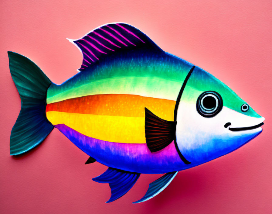 Cartoonish purple and yellow fish illustration on pink background