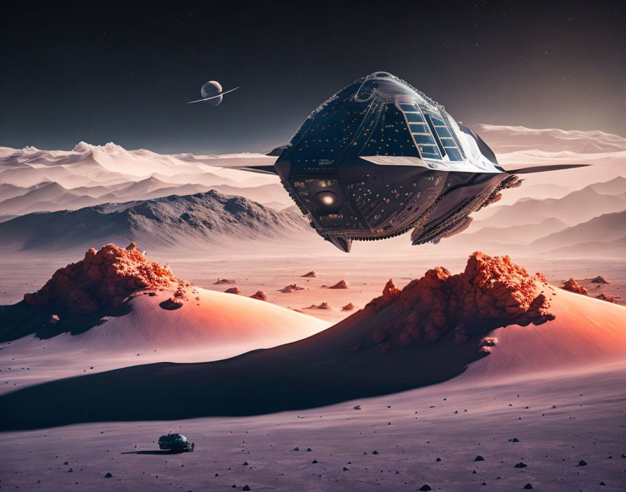 Futuristic spaceship over desert with mountains and alien sky