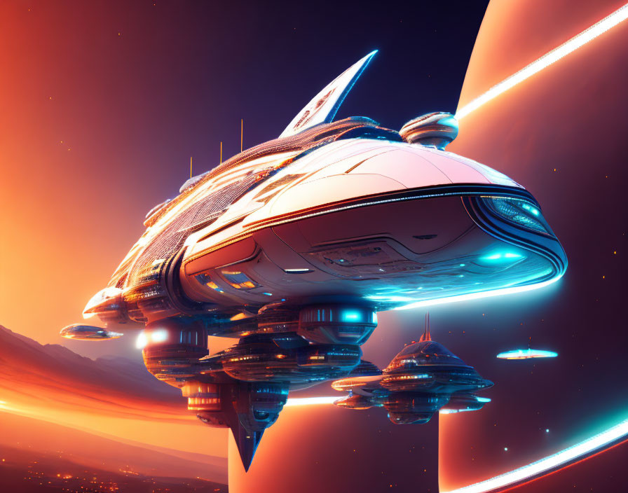 Futuristic spacecraft orbiting planet with glowing lights in orange space.