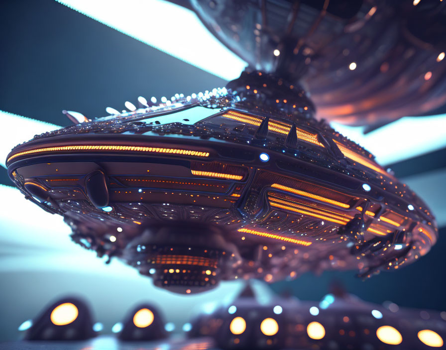 Intricate futuristic spaceship in illuminated sci-fi setting