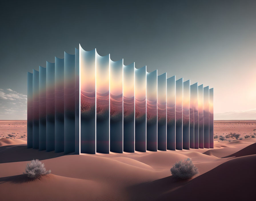 Surreal book merges with desert landscape under gradient sunset sky