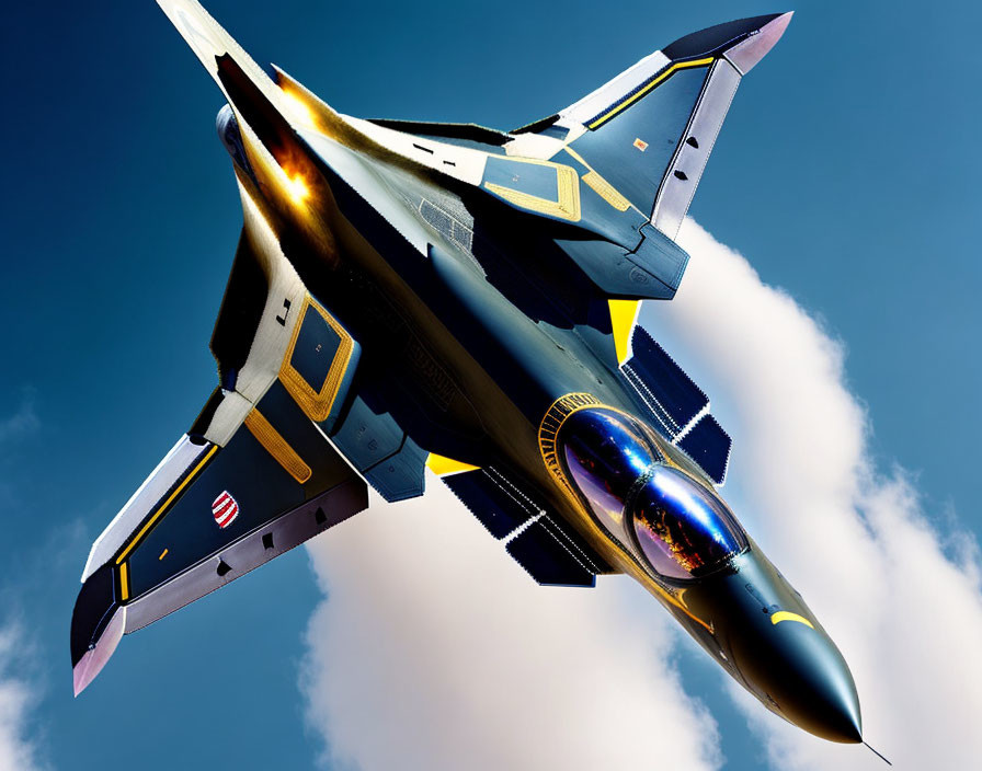 Sleek fighter jet with yellow and blue accents in blue sky.