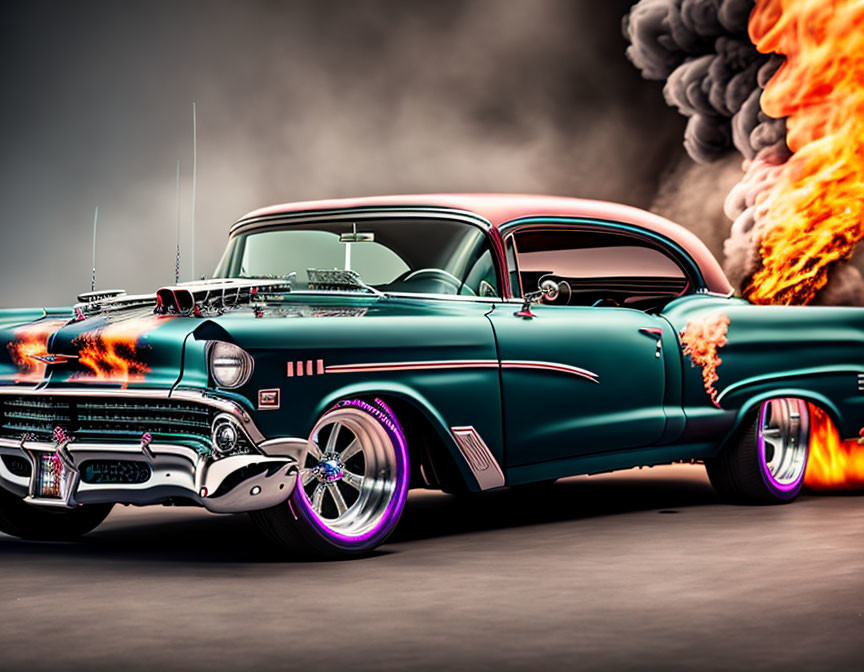 Turquoise Classic Car with Fiery Flames and Dynamic Stance