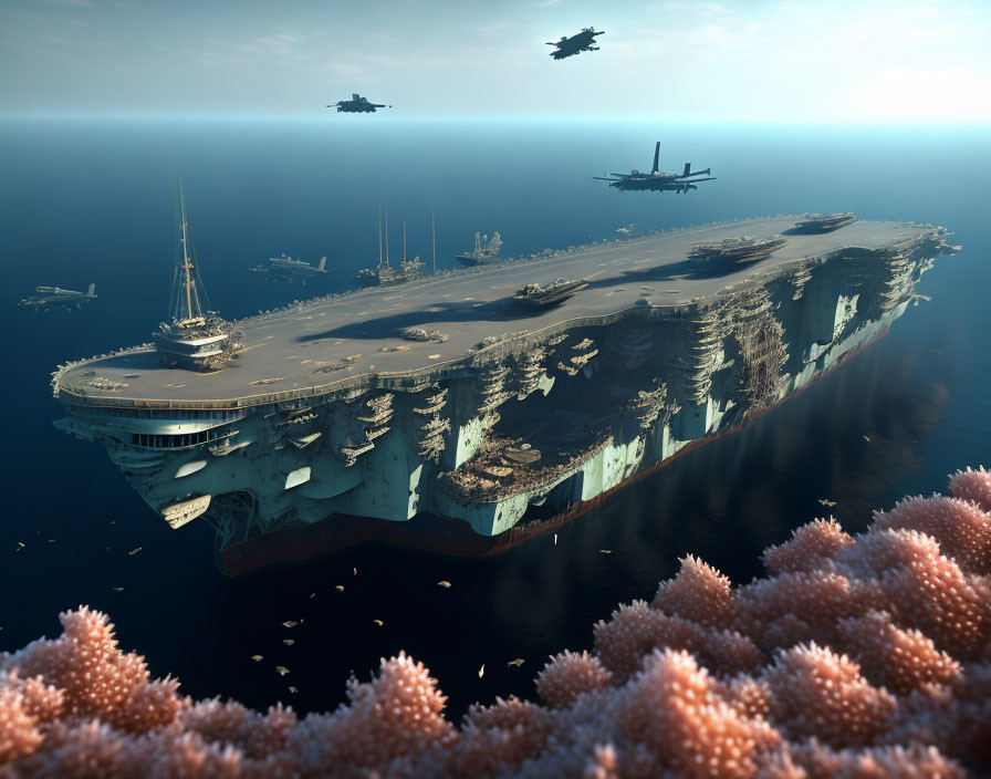 Massive floating island with dual cityscapes and aircraft carriers over ocean