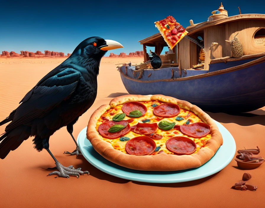 Surreal desert scene with large crow, pizza plate, wooden boat, nuts, and lizard