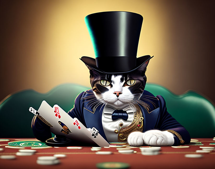 Sophisticated Cat in Top Hat and Tuxedo Playing Poker at Casino Table