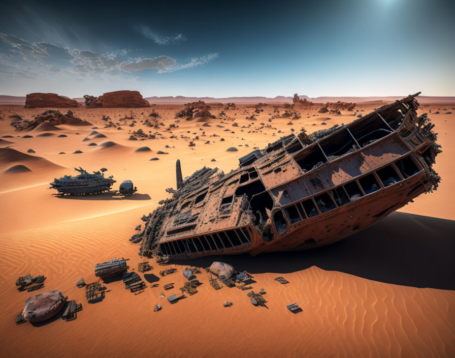 Abandoned shipwreck surrounded by debris in desert landscape