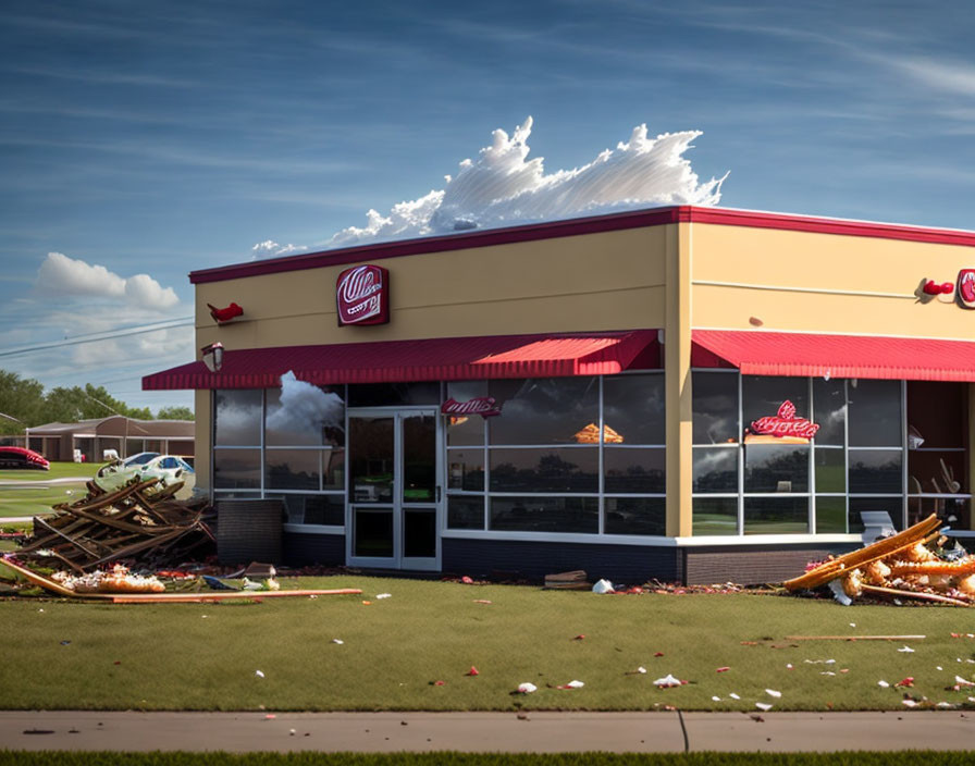 Damaged Dr Pepper restaurant exterior under cloudy sky