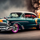 Turquoise Classic Car with Fiery Flames and Dynamic Stance