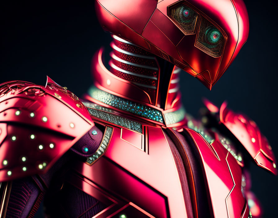 Futuristic armored robot with red and metallic plates and green eyes