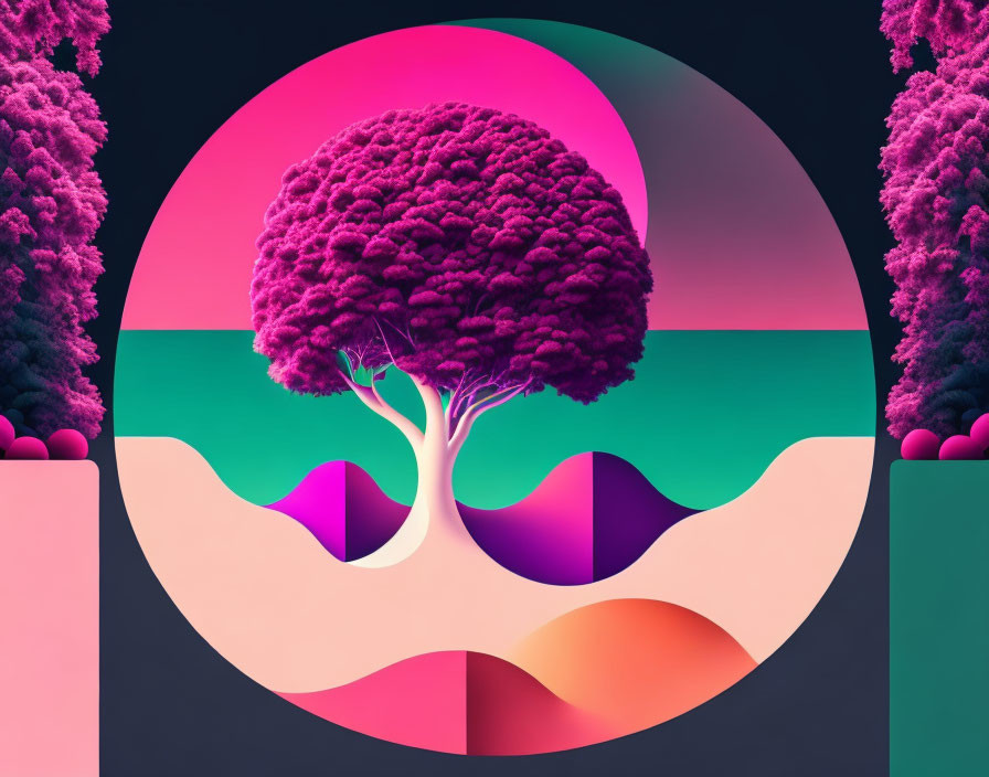 Colorful Surreal Landscape with Purple Tree and Curvy Hills