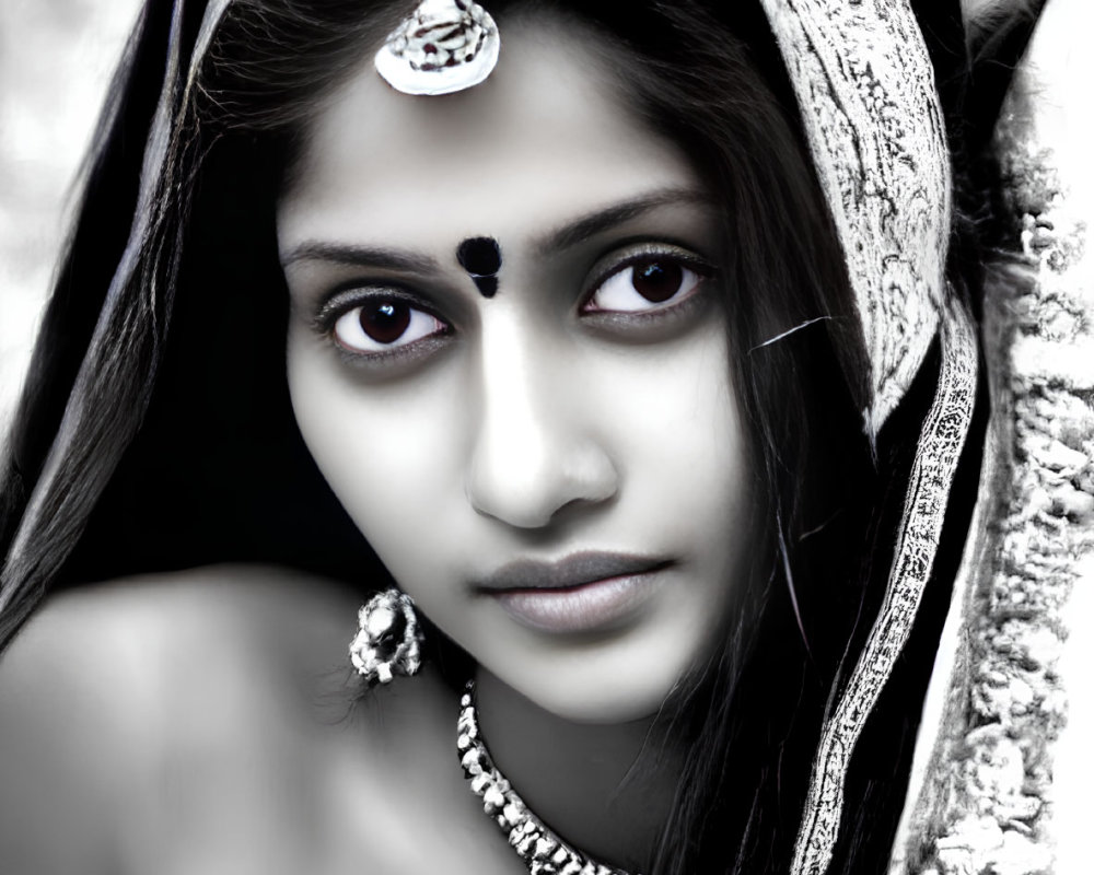 Monochrome portrait of woman in traditional Indian jewelry