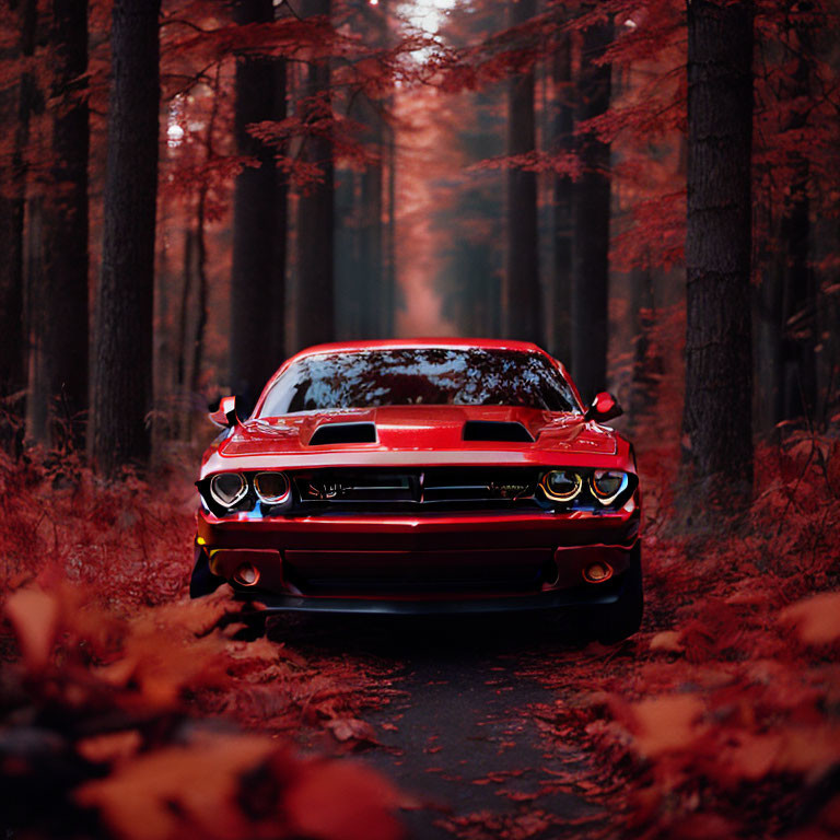 Red sports car parked on forest road with autumn trees and diffused light