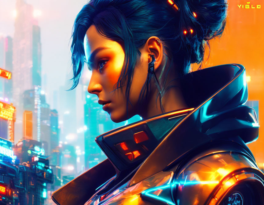 Futuristic digital artwork of woman with cybernetic enhancements in neon-lit cityscape