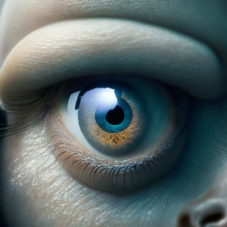 Detailed Human Eye Close-Up with Iris Texture, Eyelashes, Blue Cornea Reflections, and