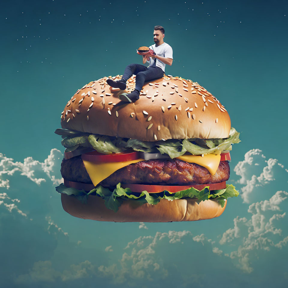 Man sitting on giant floating burger in twilight sky eating normal-sized hamburger