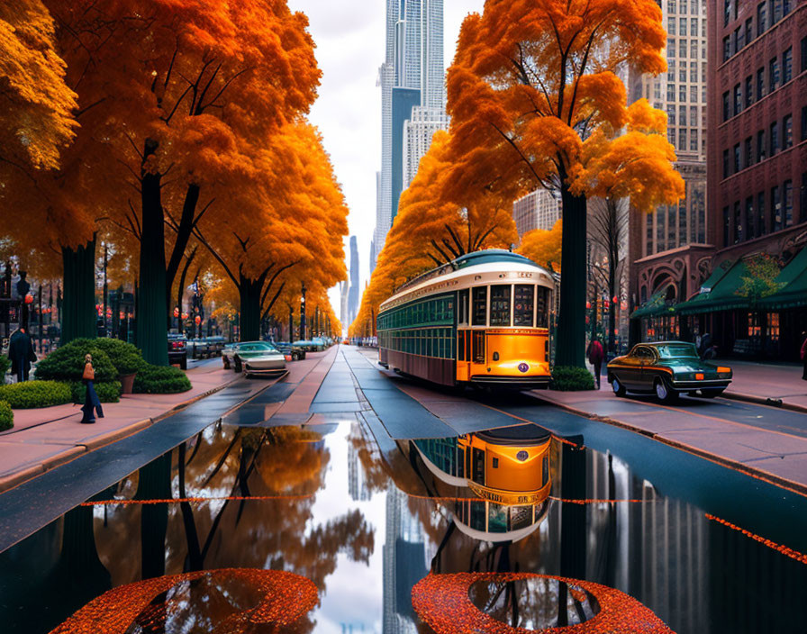 Vintage Tram Reflecting in Autumn Street Scene