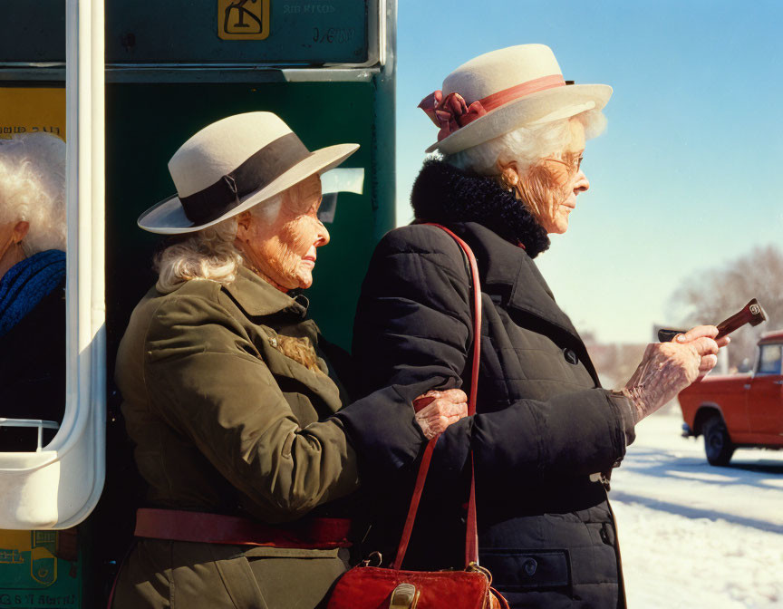 Elderly Women Standing by Bus in Snowy Scene