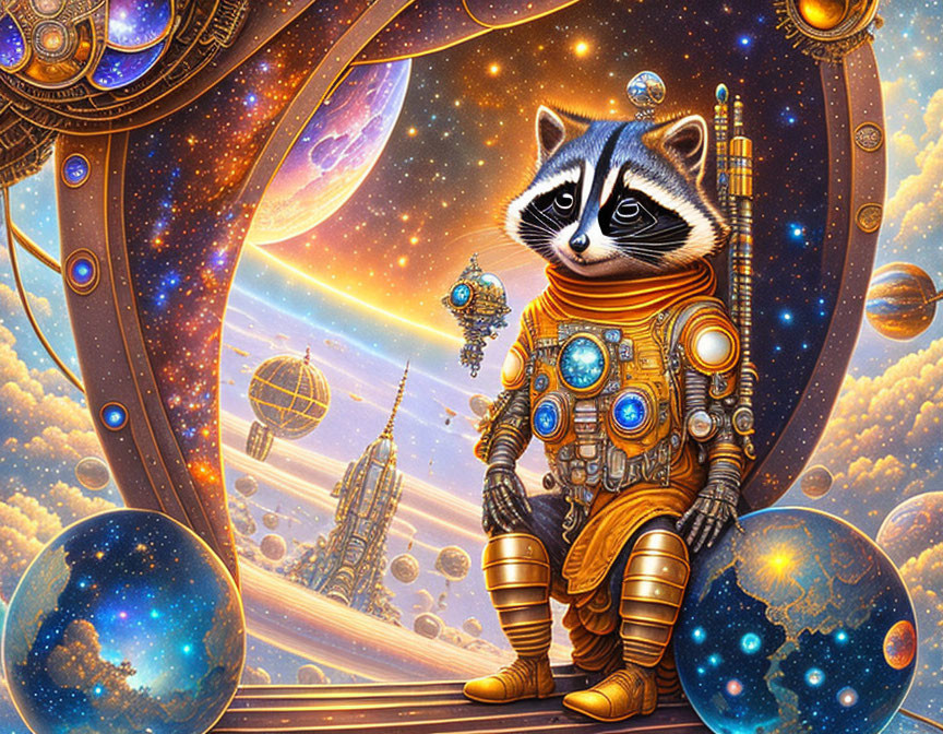 Detailed Astronaut Raccoon in Cosmic Setting