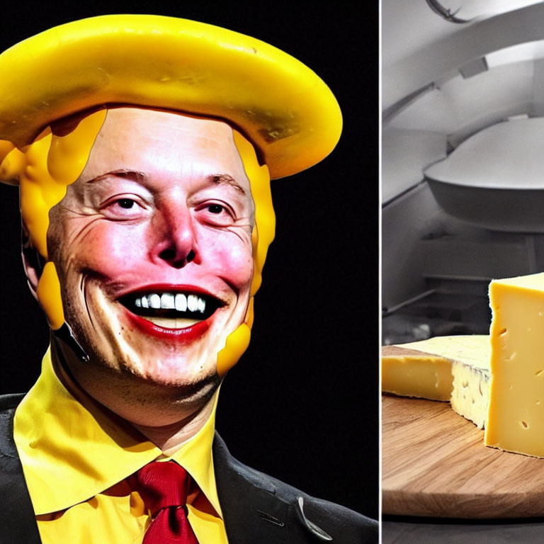 Collage of Man with Cheese Hat Smiling Next to Wooden Board with Cheese