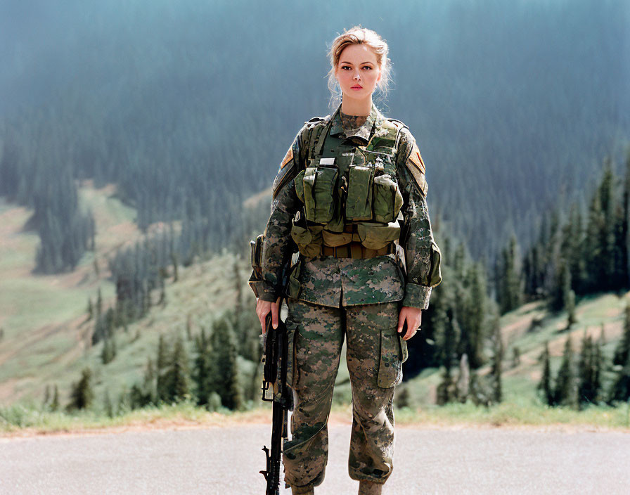 Military person with rifle in forested mountain landscape