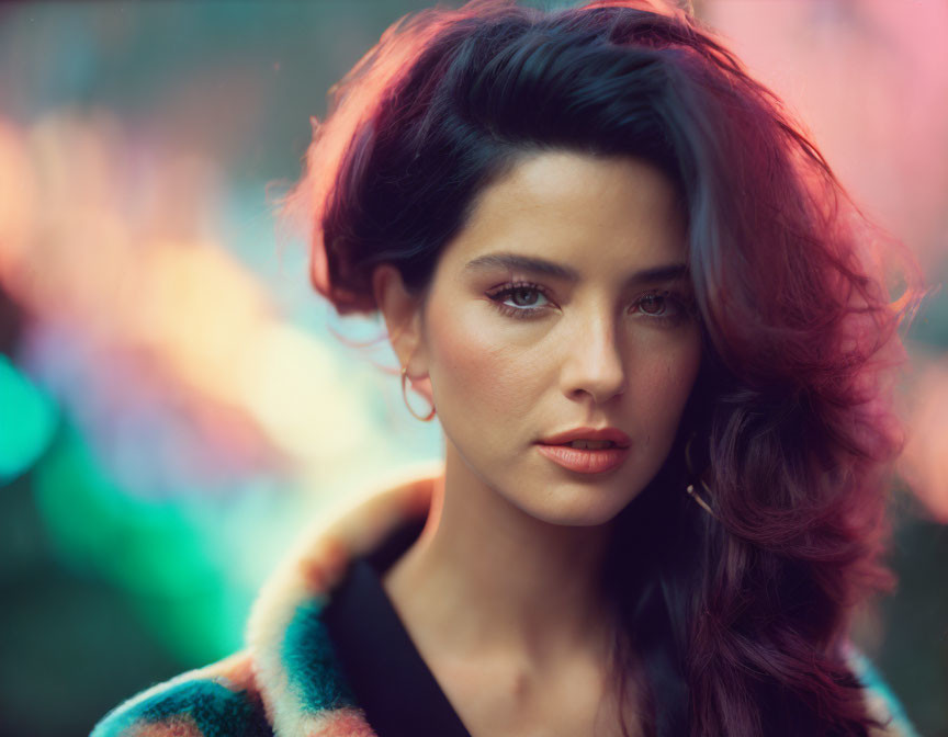 Portrait of woman with curly dark hair and striking eyes in multicolored coat, set against colorful blurred