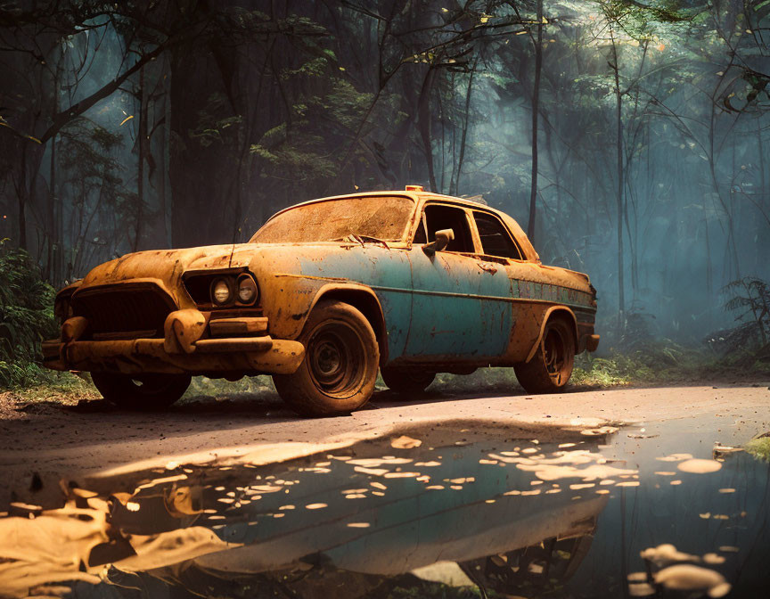 Abandoned rusty car in misty forest with sunlight and reflection