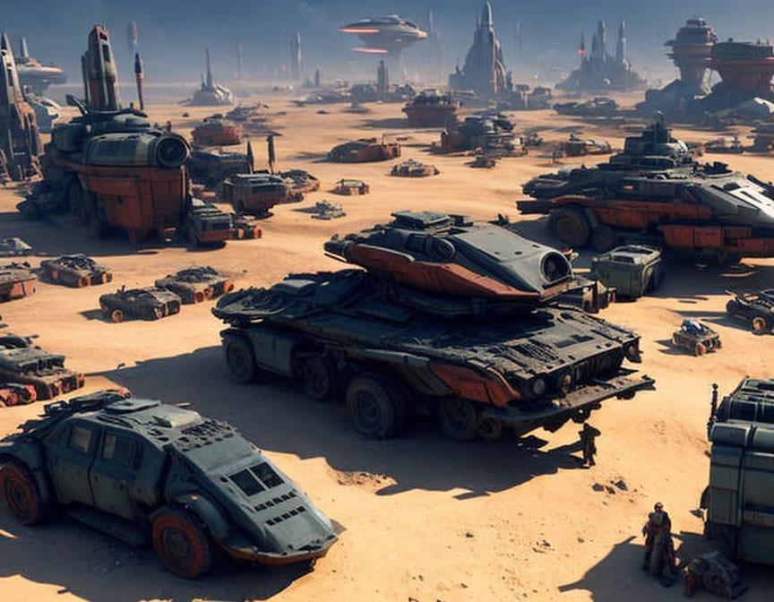 Desert scrapyard with large vehicles and spacecraft parts, people inspecting inventory